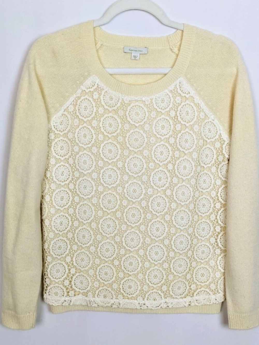 GARNET HILL Cream Angora Lambswool Lace Overlay Sweater Size M